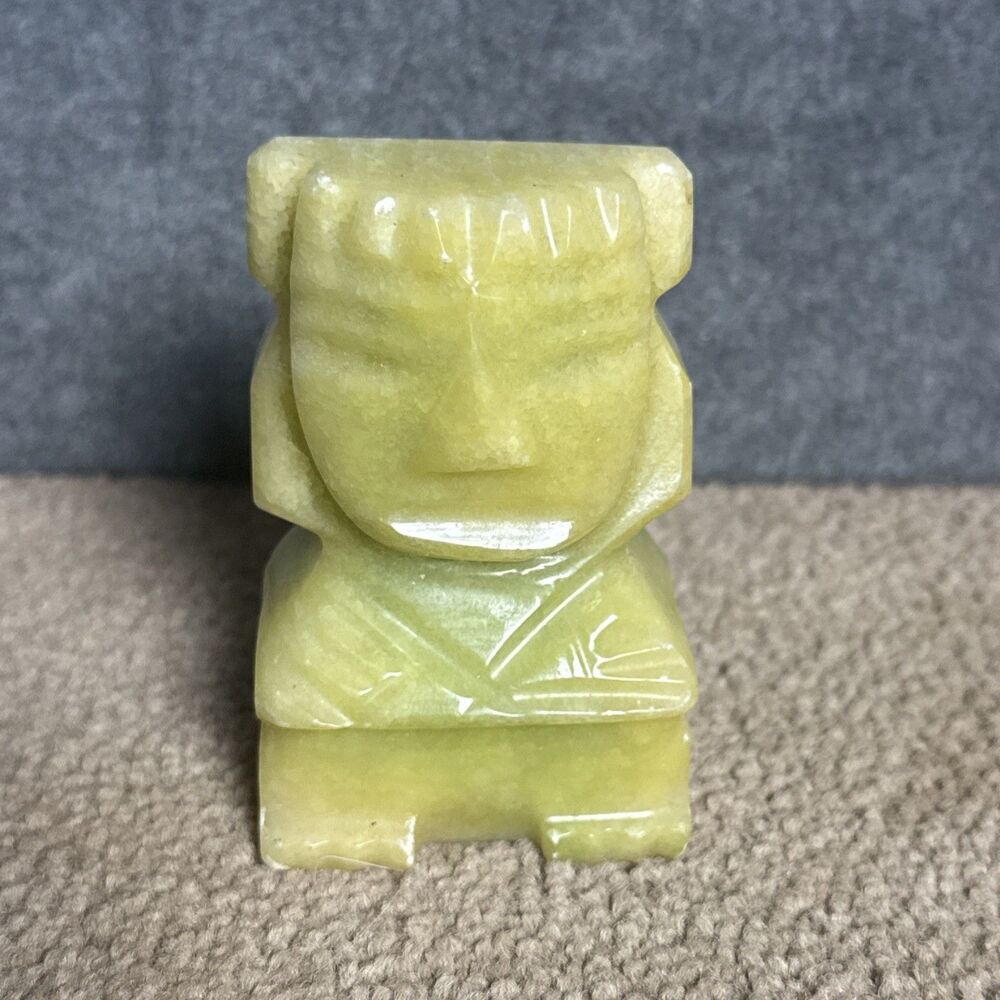 Vintage Hand Carved Stone Aztec Mayan Figurine Yellow/green 3.25” Small Tiki